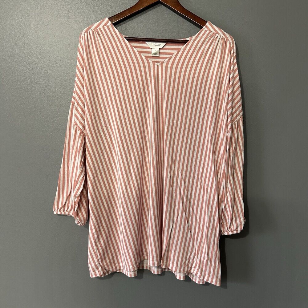 CJ Banks Linen Blend Beachy Top Size 2X Striped Relaxed Fit Casual Womens Blouse